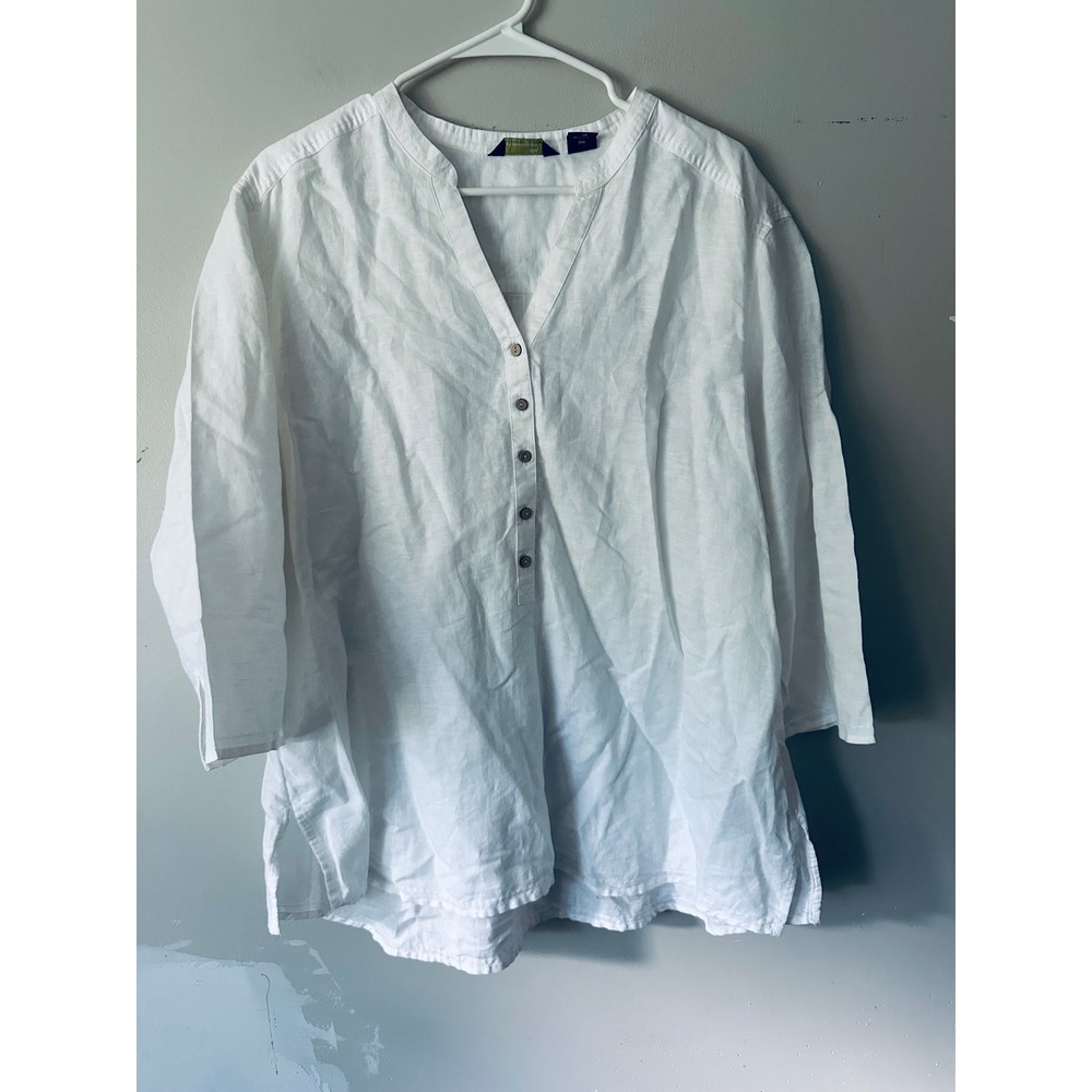 Eddie Bauer White Linen Blend Tunic Top XXL Button V-Neck 3/4 Sleeve Blouse
